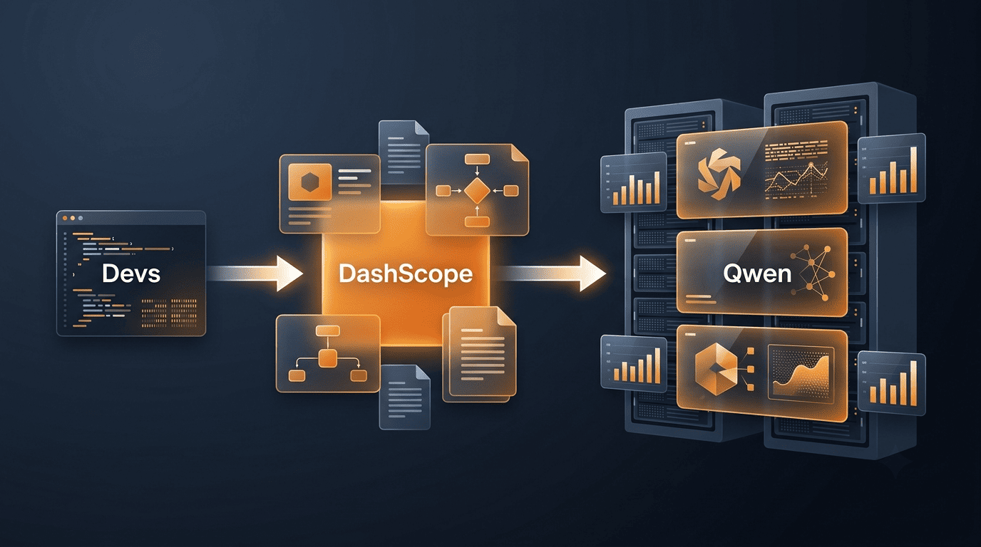 Request flow: developer code calls the DashScope API gateway, which routes to hosted Qwen models in Alibaba Cloud