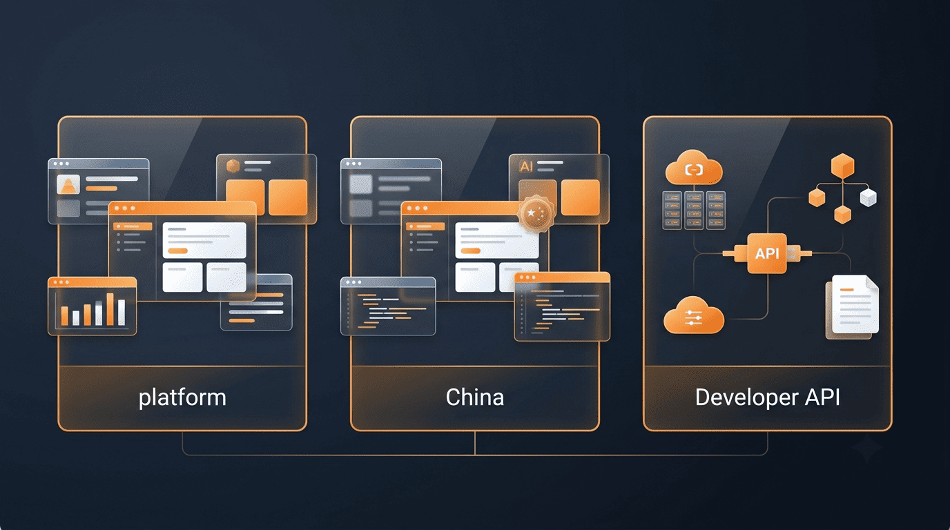 Three panels showing Model Studio (platform), Bailian (China branding) and DashScope (developer API) as one underlying platform