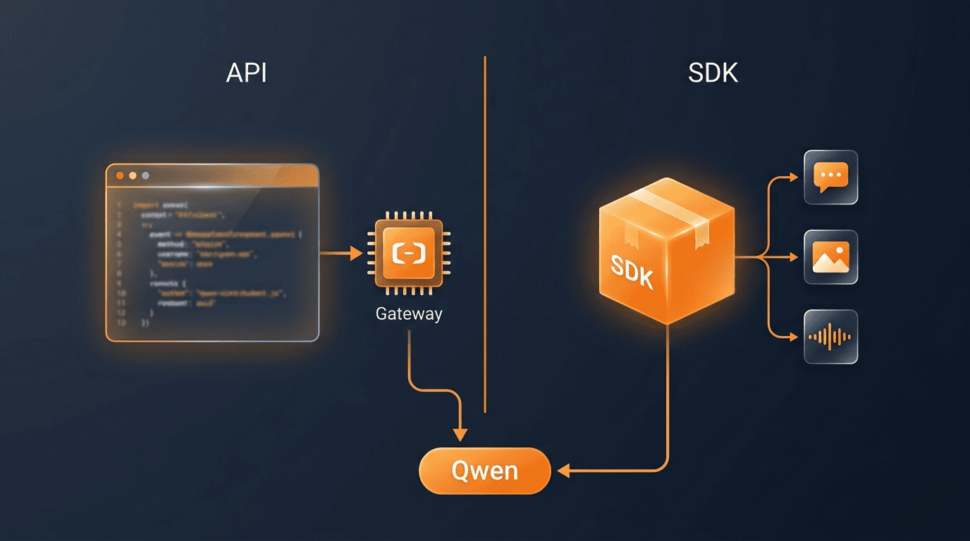 Split diagram: an OpenAI-compatible client through a base-URL gateway and the native SDK, both reaching the same Qwen model