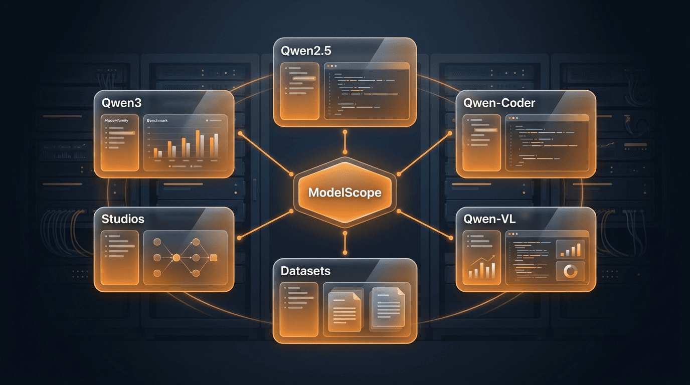 ModelScope hub node linking Qwen model-family cards, datasets and studios