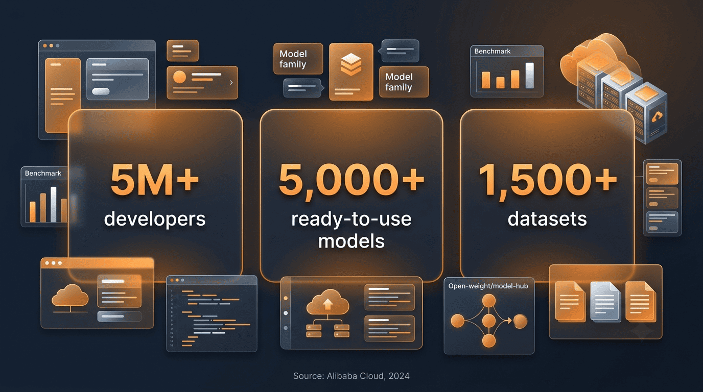 ModelScope scale: 5M+ developers, 5,000+ models, 1,500+ datasets, per Alibaba Cloud 2024