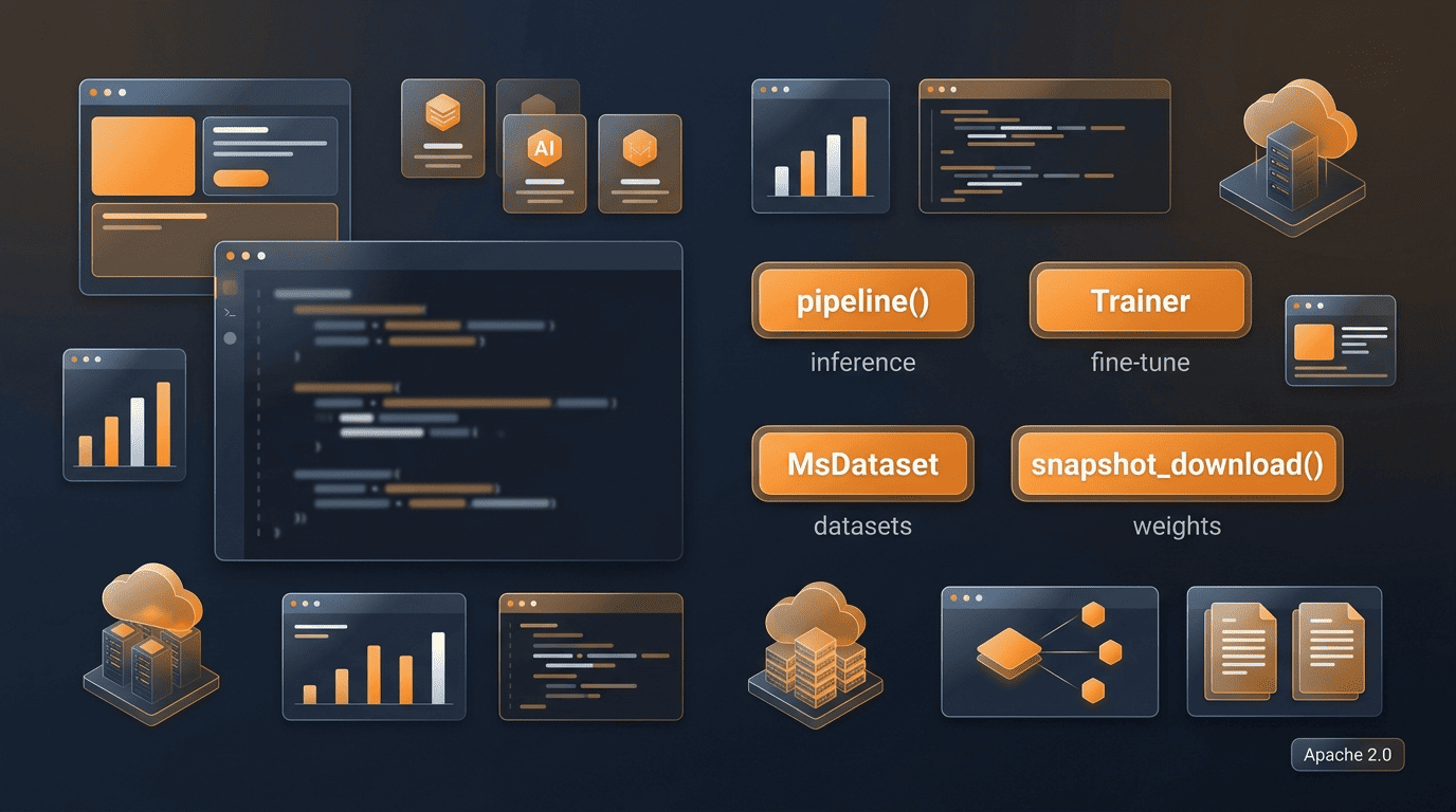 modelscope library core APIs: pipeline for inference, Trainer, MsDataset, snapshot_download, Apache 2.0