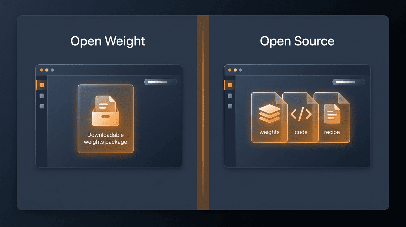 Comparison of open weight (downloadable weights) versus open source (weights plus code and training recipe)