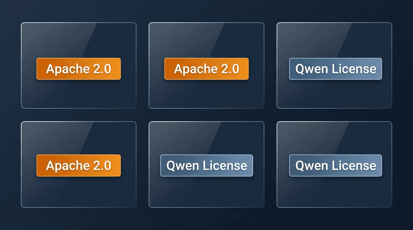 Qwen model cards showing per-model licenses: some Apache 2.0, some Qwen License