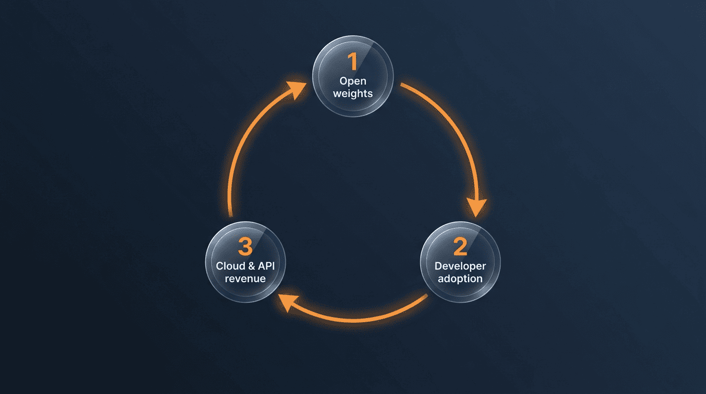 Flywheel: open weights drive developer adoption, which drives cloud and API revenue