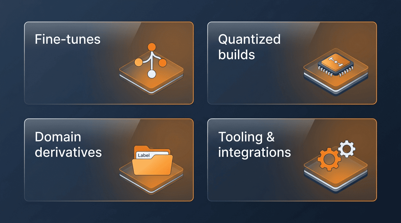 Categories of Qwen community derivatives: fine-tunes, quantized builds, domain derivatives, tooling and integrations