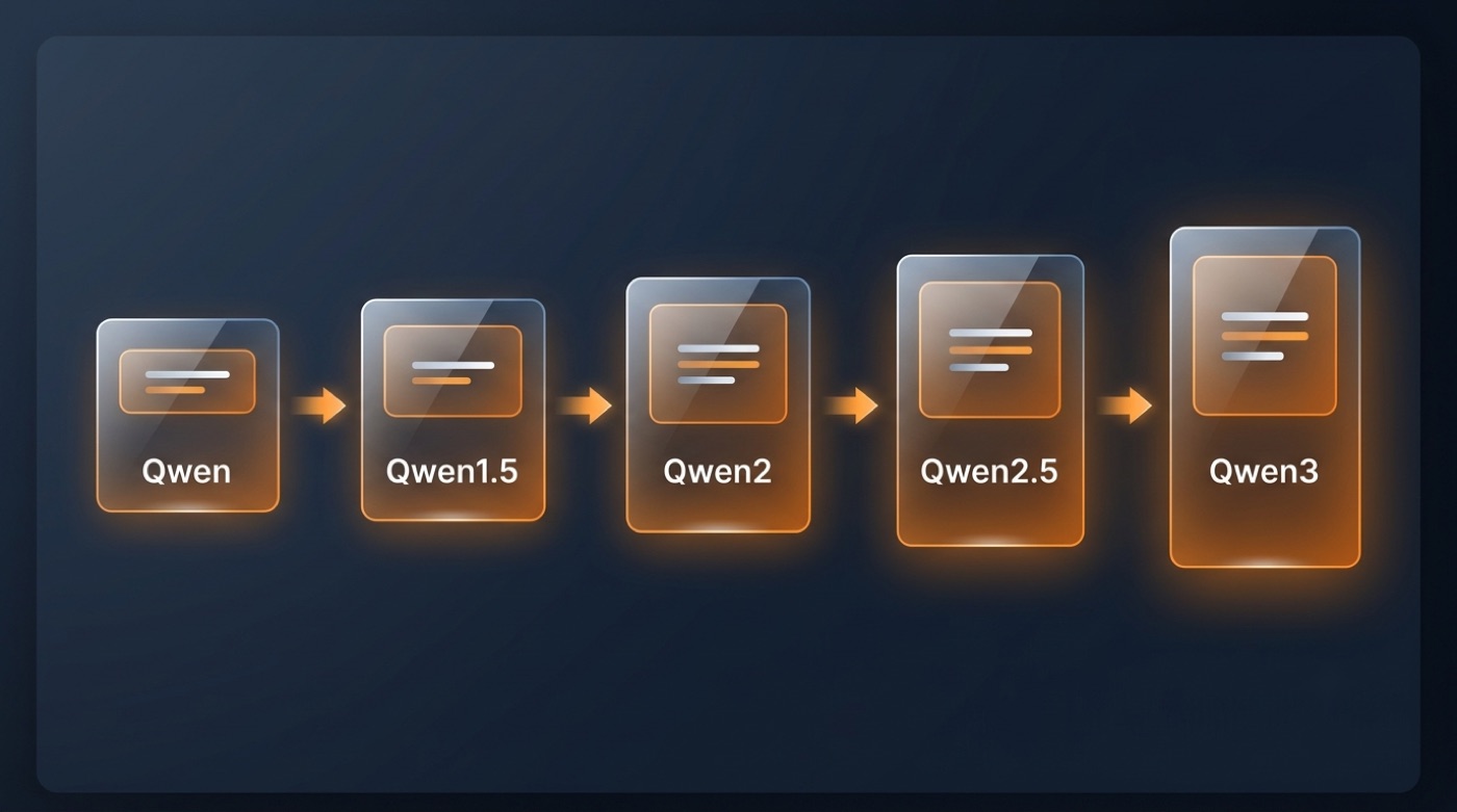 Timeline of Qwen mainline generations from Qwen to Qwen1.5, Qwen2, Qwen2.5 and Qwen3