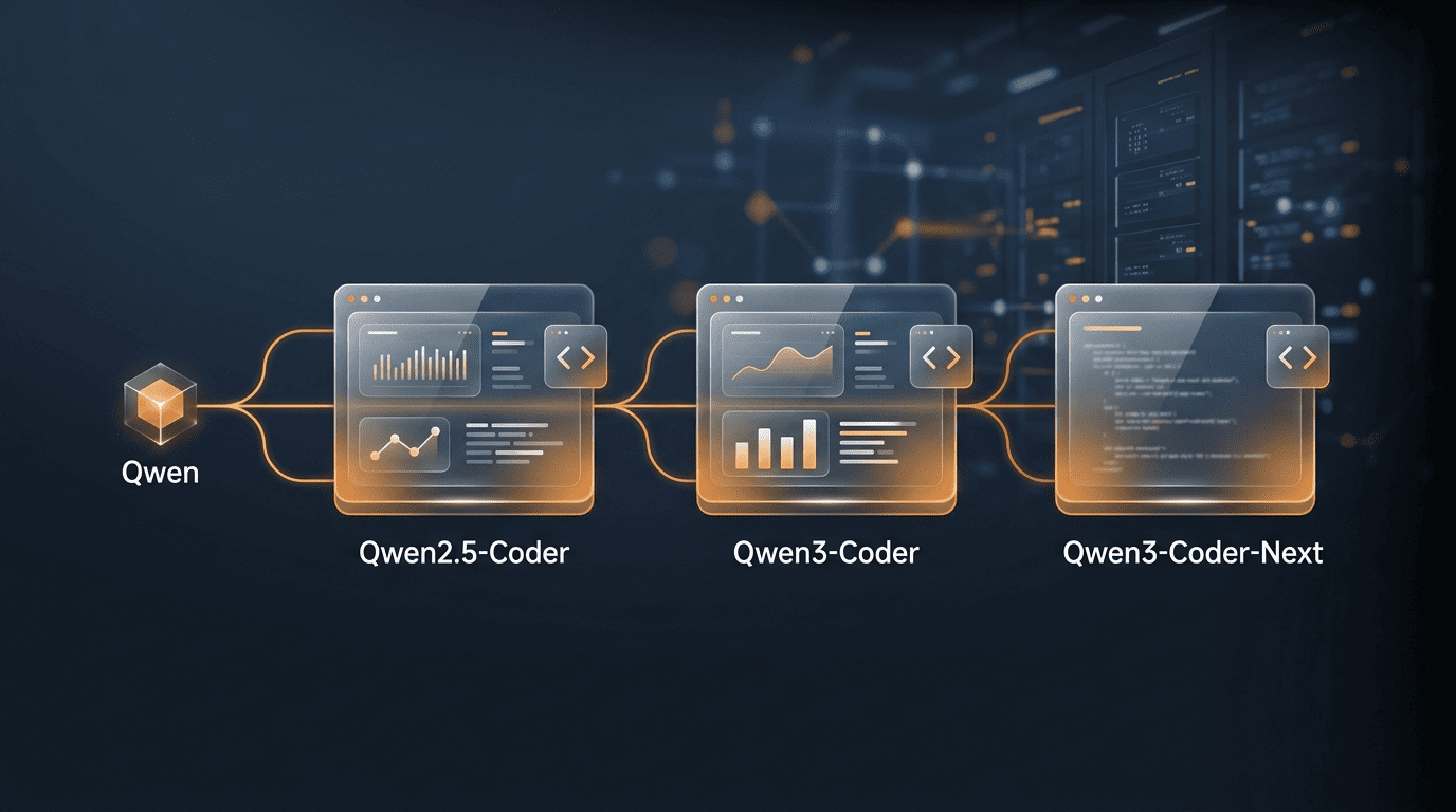 Lineage diagram branching from Qwen into Qwen2.5-Coder, Qwen3-Coder and Qwen3-Coder-Next model cards