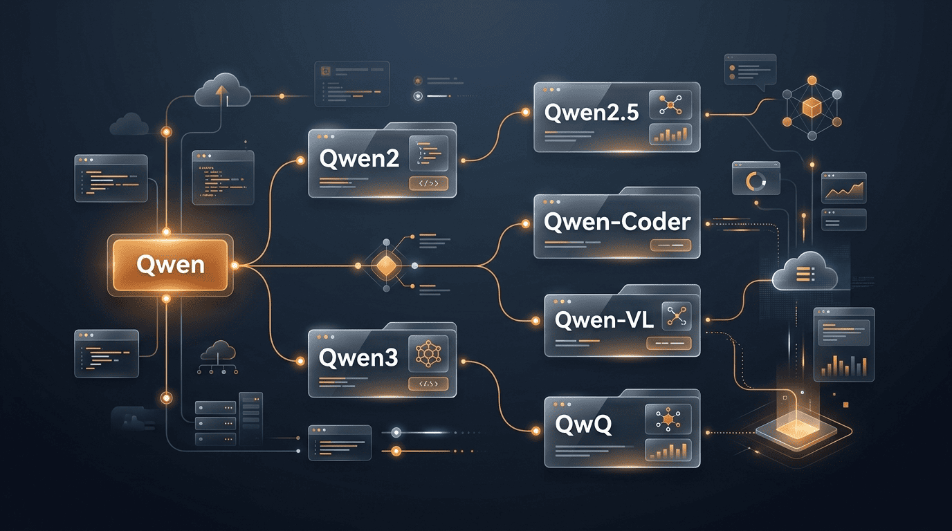 Diagram of the Qwen model family branching from Qwen into Qwen2.5, Qwen3, Qwen-Coder, Qwen-VL and QwQ