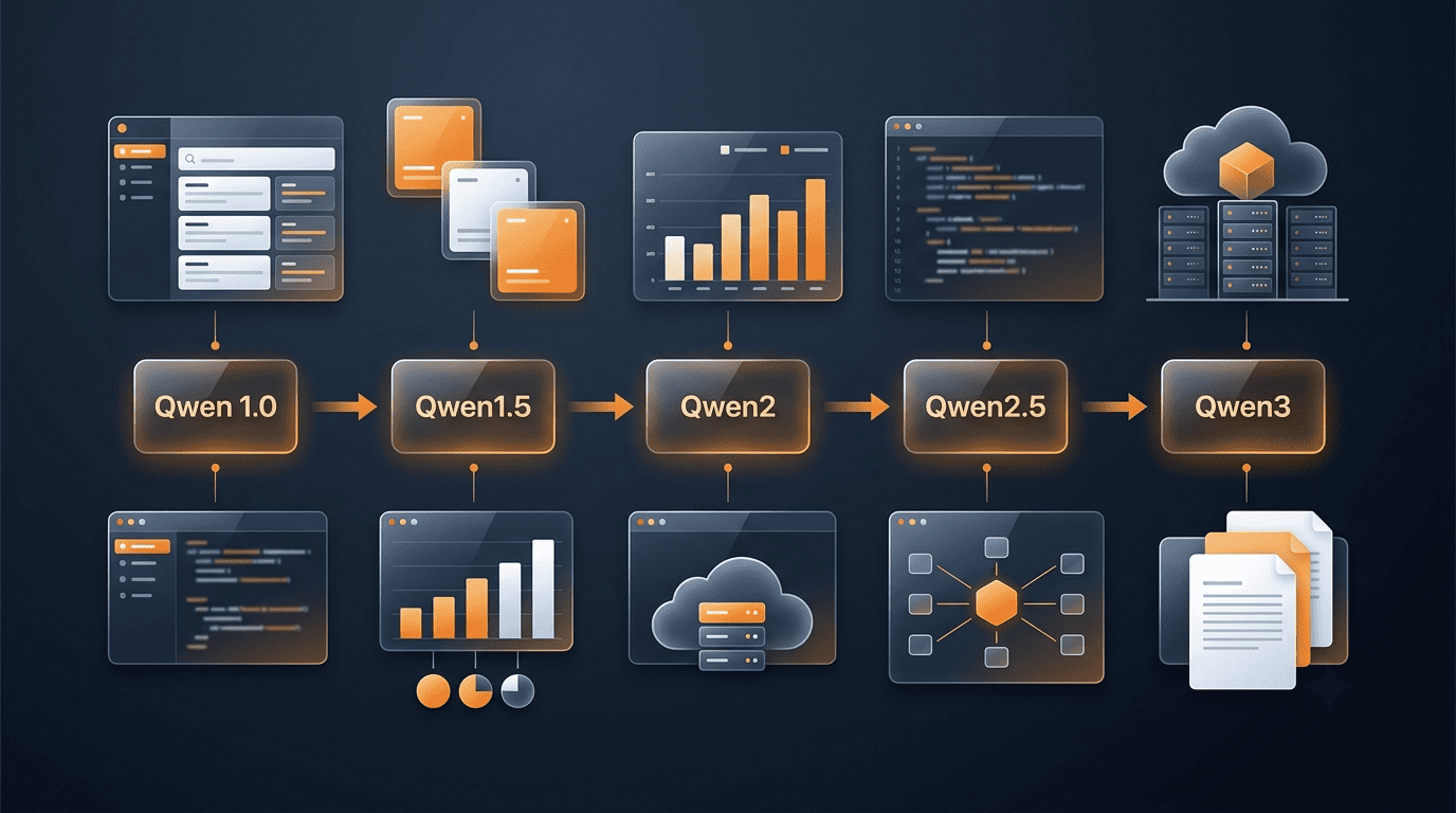 Timeline of Qwen generations from Qwen 1.0 through Qwen1.5, Qwen2 and Qwen2.5 to Qwen3