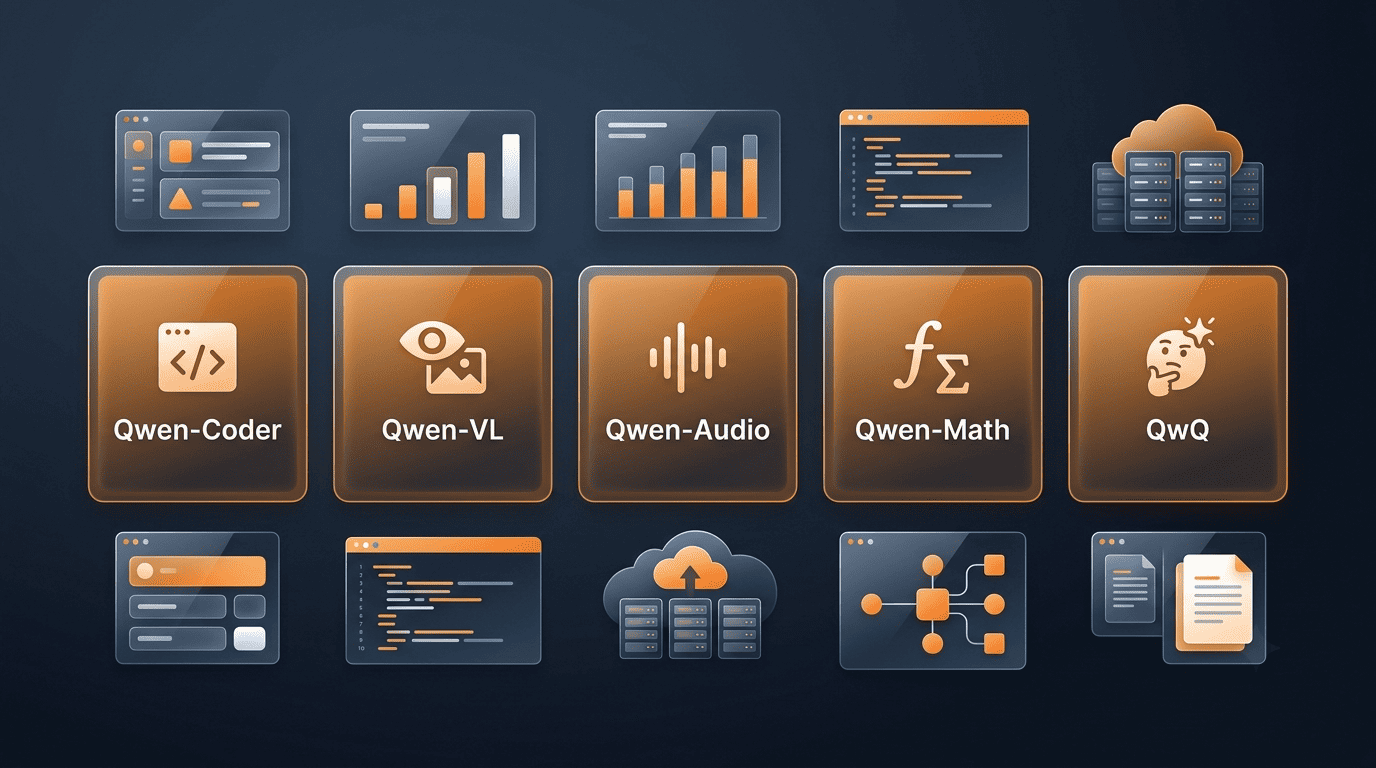 Grid of specialized Qwen lines: Qwen-Coder, Qwen-VL, Qwen-Audio, Qwen-Math and QwQ with matching icons