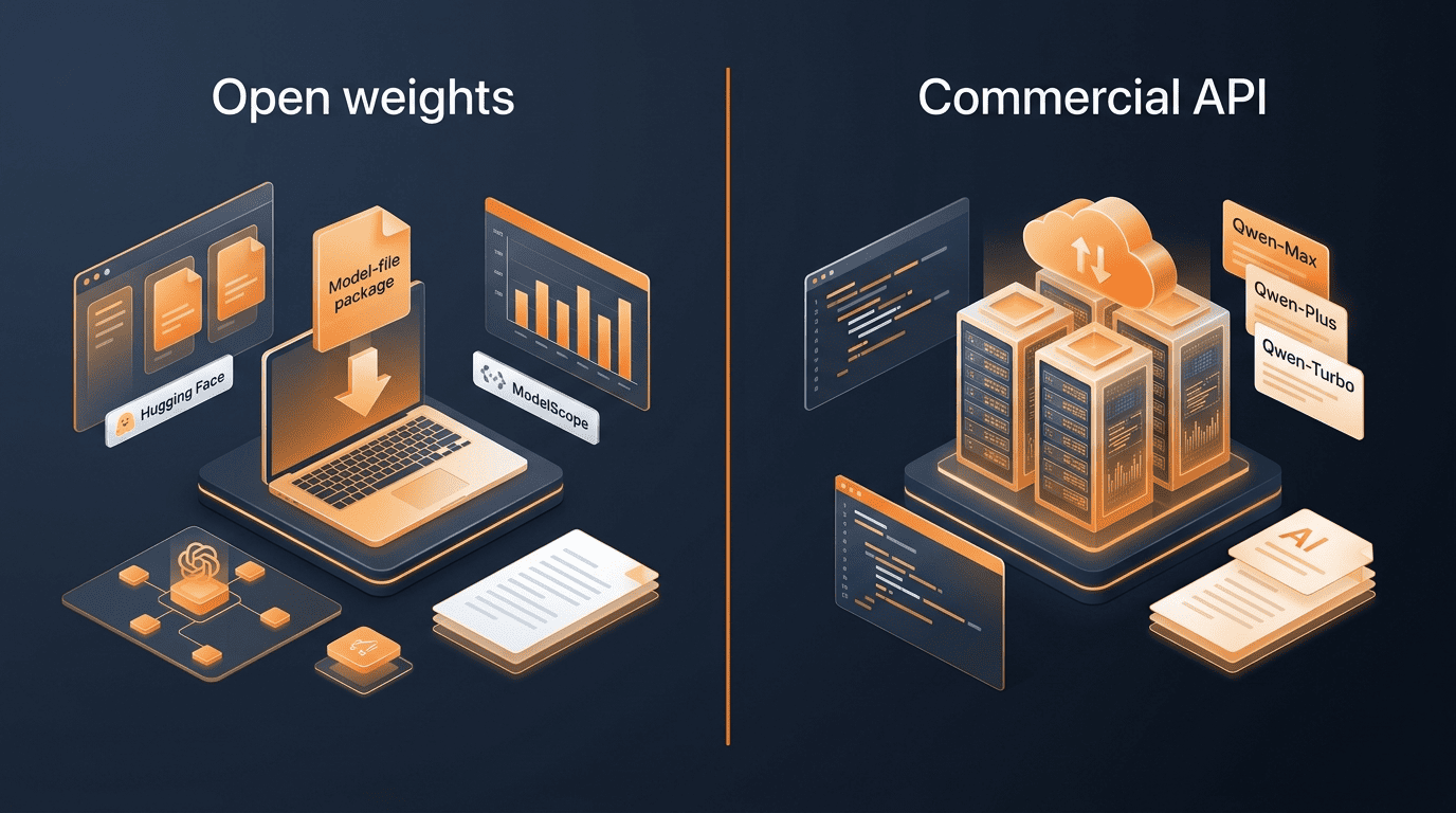 Split comparison of Qwen open weights on Hugging Face and ModelScope versus commercial API tiers Qwen-Max, Qwen-Plus and Qwen-Turbo