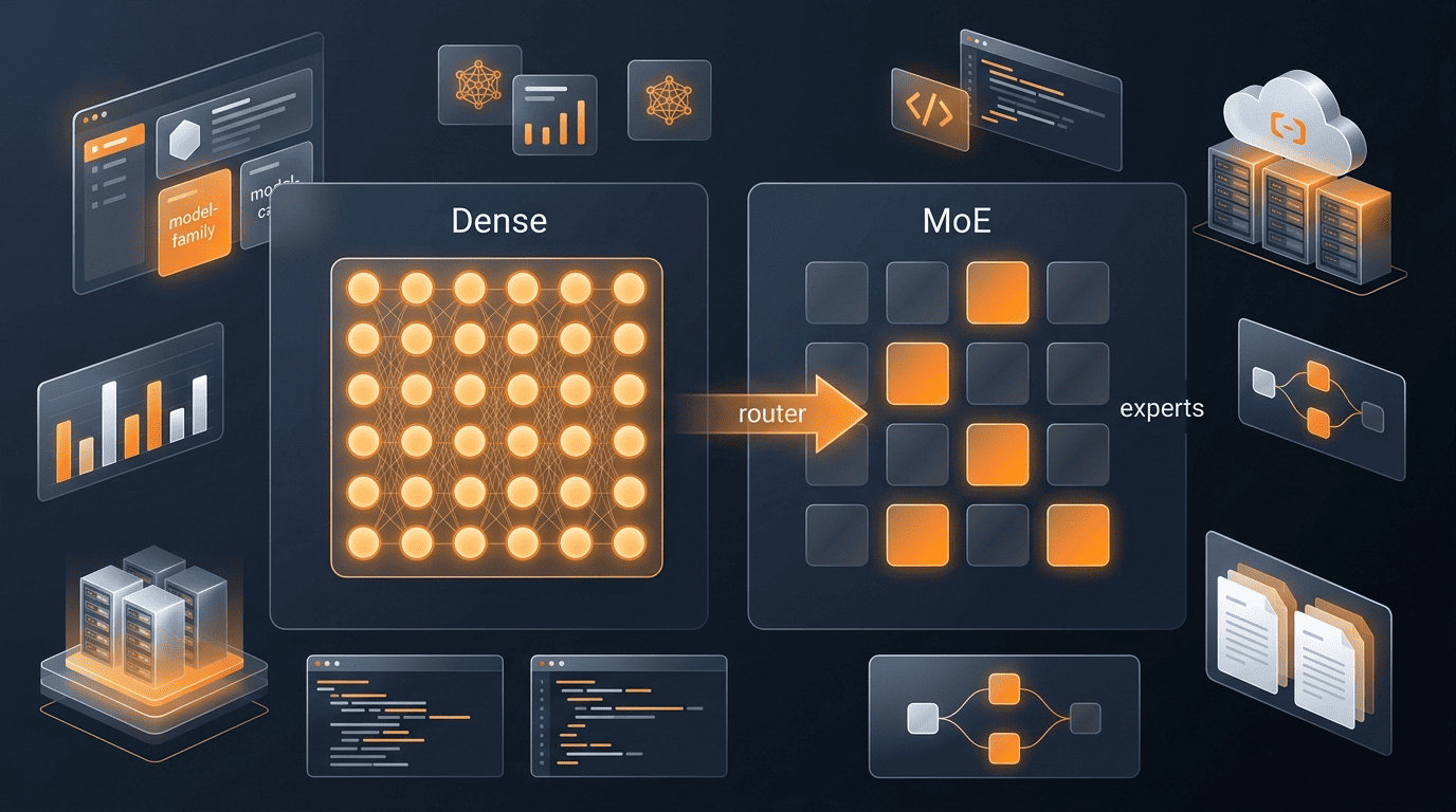 Comparison of a dense neural network versus a Mixture-of-Experts model where a router selects a few active experts