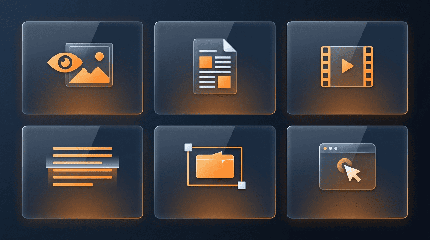 Six core Qwen2.5-VL capabilities as icons: image understanding, document parsing, video, multilingual OCR, object grounding and visual-agent control