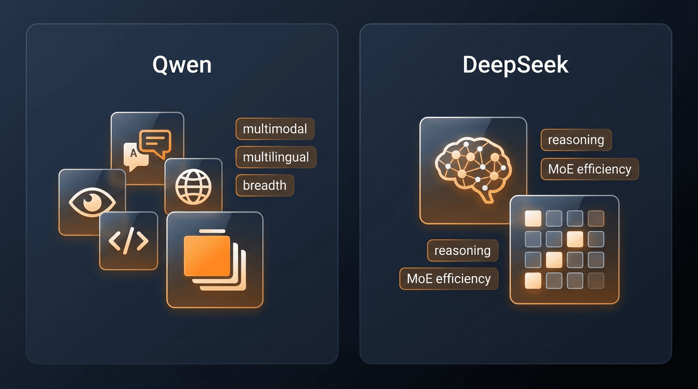 Strengths compared — Qwen breadth, multimodal and multilingual versus DeepSeek reasoning and MoE efficiency