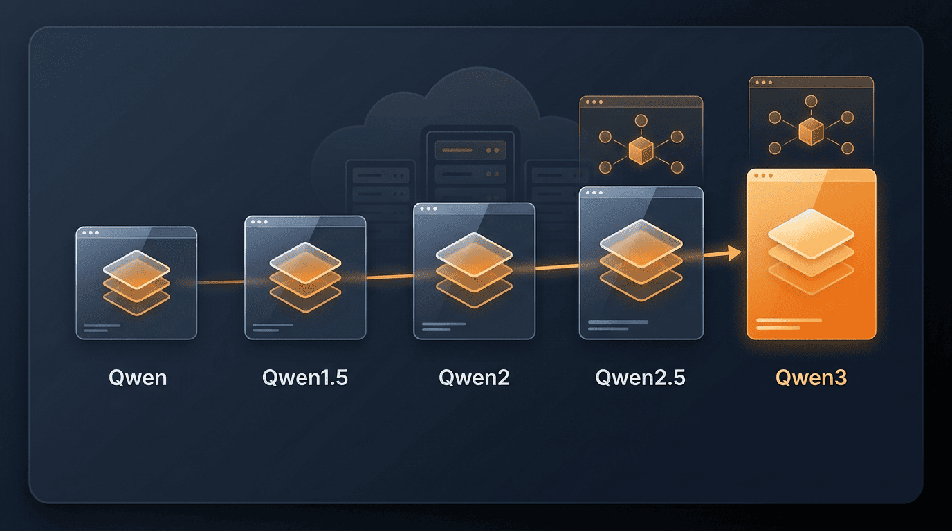 Lineage timeline of Qwen model generations from Qwen to Qwen3