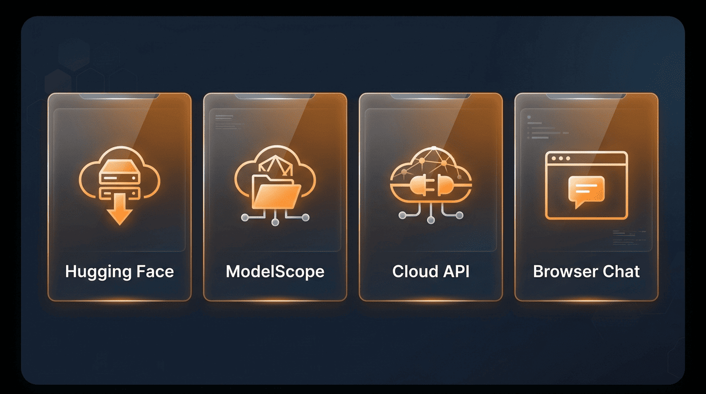 Four ways to access Qwen3: Hugging Face, ModelScope, cloud API, browser chat