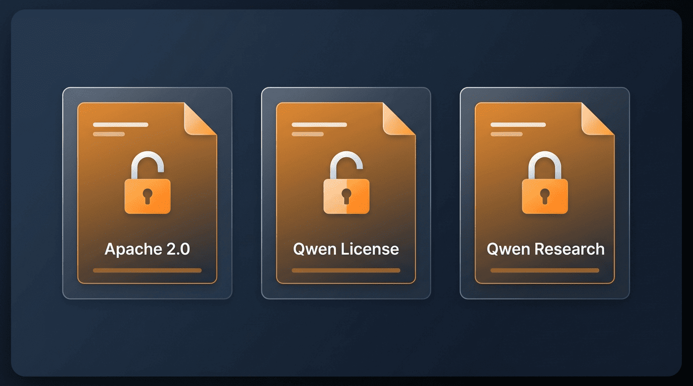 Three Qwen license tiers: Apache 2.0, Qwen License, and Qwen Research License