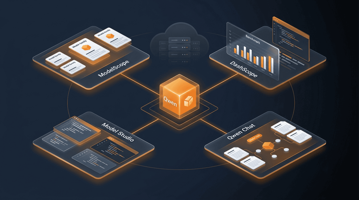 Alibaba Cloud AI ecosystem around Qwen: ModelScope, DashScope, Model Studio and Qwen Chat